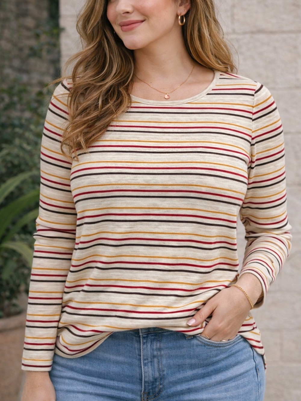Kim Rogers Cream Long Sleeve Striped Tee with Burgundy & Mustard
